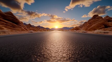 Naklejka premium A long empty road in the middle of a desert at sunset