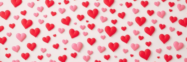 Pattern of red and pink hearts falling gracefully on a Valentine-themed background, love