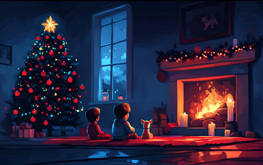 Boys sitting with dog near fireplace in living room, waiting for Santa, Christmas eve