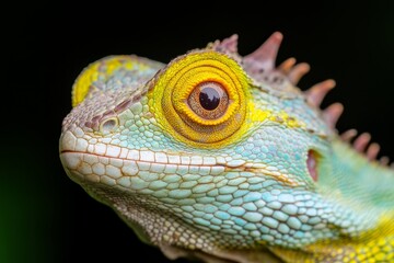  A close up of a green and yellow lizard's face