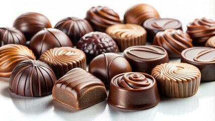 Fototapeta premium Chocolate candies isolated on white background, chocolate, candies, sweets, confectionery, dessert, snack, treat, indulgence