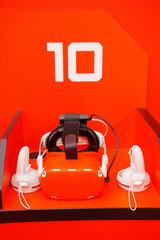 red Virtual reality helmet. A device for immersing the user in the vr.