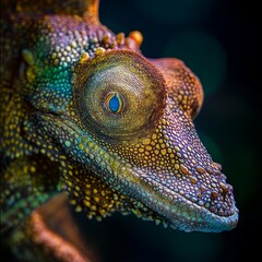 Fototapeta premium A close up of a chameleon's face with a black background