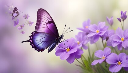 Soft purple flowers with a delicate butterfly flying on a blurred springtime background

