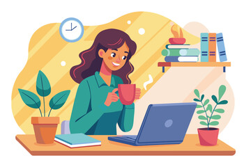 The woman smiles as she sips from her mug and focuses on her laptop in a comfortable setting, Illustration of a man working and learning from home using a laptop.