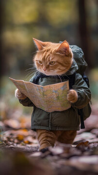 Chubby orange cat in travel clothes holding a map while walking through the woods