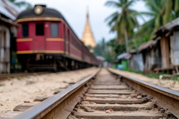 Fototapeta premium A train traveling down train tracks next to a beach
