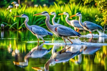 Naklejka premium Majestic Herons Hunting for Prey in Lush Wetlands - Stunning Nature Photography