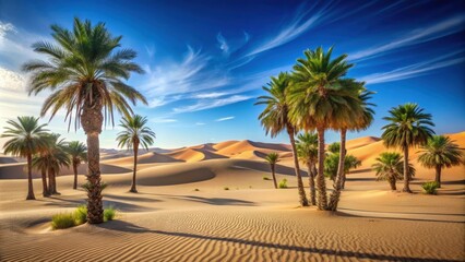 Fototapeta premium Desert scene featuring palm trees under a clear blue sky, Desert, Scene, Palm trees, Oasis, Sand dunes, Sunlight, Hot, Arid