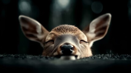  A close up of a deer's face with its eyes closed