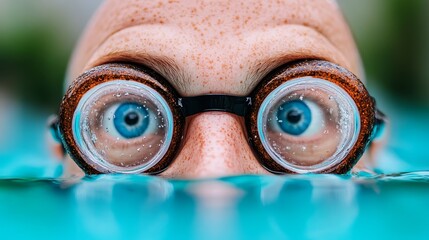 A close up of a person wearing swimming goggles in a pool