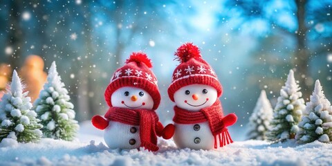 Snowy forest backdrop with two adorable snowmen in red knit hats and scarves, twinkling snowflakes, and a joyful winter scene