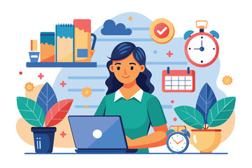 A woman sits at a desk with a laptop, focusing on work while clocks and plants surround her, Illustration of a woman with laptop, alarm, and calendar