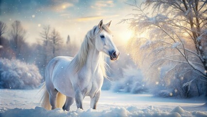 Majestic White Horse in the Snowy Landscape - Winter Serenity and Beauty