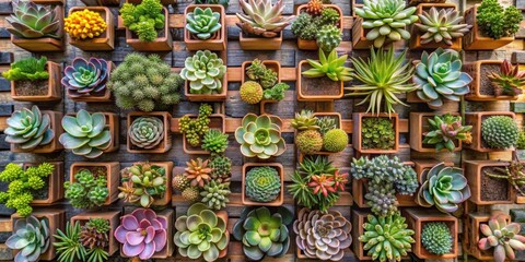 Fototapeta premium Assortment of succulents and cacti mounted vertically on a wall, succulents, cacti, vertical garden
