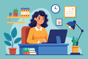 The woman is engaged in her work at a desk surrounded by books and plants, using her laptop, Illustration of a woman working at a desk with a computer