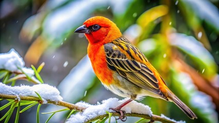 Fototapeta premium Fody bird in winter season in Mauritius, Fody, bird, winter, season, Mauritius, wildlife, nature, tropical, snow, colorful