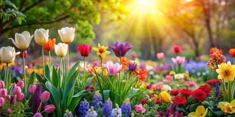 Obraz premium Vibrant spring garden bursting with colorful flowers in a dense arrangement, spring, garden, vibrant, flowers, colorful