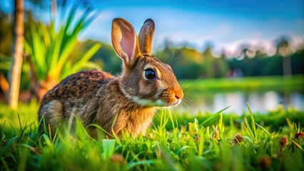 Fototapeta premium Marsh Bunny Rabbit Eating Grass in Mead Gardens, Orlando, Florida