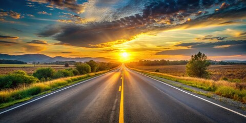 Naklejka premium Scenic highway at golden hour , Aerial view, Trucks, Cars, Motorway, Winding road, Countryside