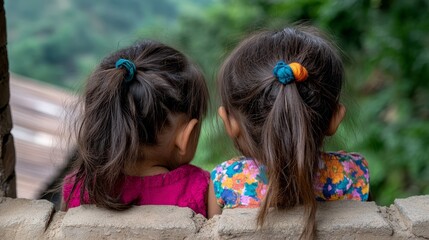 Two little girls looking out over a wall