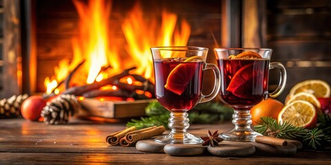 Mulled wine glasses on table in front of burning fireplace, mulled wine, glasses, table, fireplace, cozy, winter, Christmas