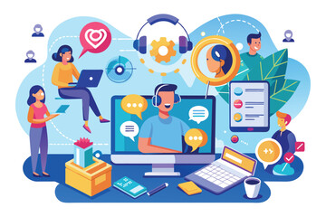 A vibrant illustration shows various users interacting with online customer support through devices, Illustration of how online service or customer support platform management works.