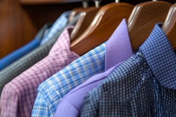A row of shirts hanging on a wooden hanger