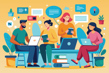 Four individuals engage in collaborative work on laptops while sharing ideas in a casual setting, Illustration of people using laptops