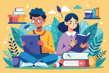 A reader sits cross-legged with a book, while a writer focuses on a tablet, with books and leafy plants around, Illustration of reader and writer in a flat style.