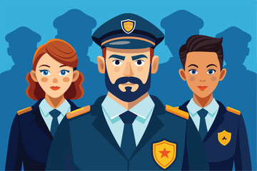 A group of security personnel stands confidently, ready to protect the community and ensure safety, Illustration of security guards