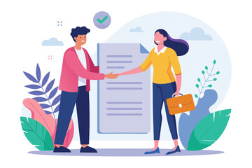 Two people are shaking hands to signify agreement in a bright and friendly office environment, Illustration of two people shaking hands with contract paper