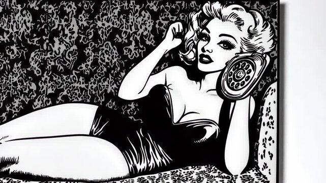 A black and white illustration of a woman in a swimsuit, talking on a rotary phone, set against a patterned background