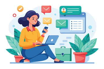 A young woman is engaged with her laptop on the floor, checking notifications in a comfortable office setting, Illustration of woman sitting with notification