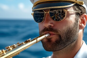  A man in a sailor's hat and sunglasses playing a trumpet