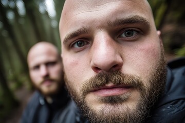 Fototapeta premium A man with a bald head and a beard stares at the camera