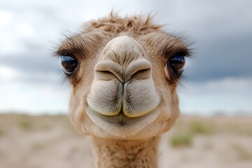  A close up of a camel's face in the desert
