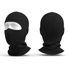 A black balaclava displayed from the front and back, featuring a ribbed texture. The balaclava covers the entire head and neck, with an opening for the eyes and mouth, suitable for cold weather