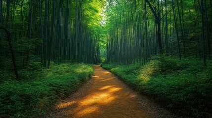 Obraz premium Serene forest path illuminated by soft sunlight.
