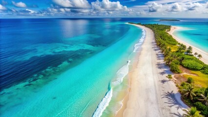 Fototapeta premium Aerial view of a peaceful beach with turquoise waters and white sand, serene, seashore, aerial view, beach, ocean, water