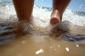 Fototapeta premium A person walking on the beach with their feet in the water