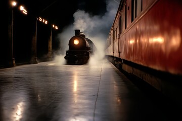 A train traveling through a train station at night