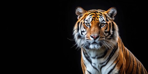 Obraz premium A majestic tiger standing boldly against a black background, tiger, fierce, wildlife, powerful, jungle, predator