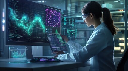 AI analyzing genome sequences, advanced bioinformatics lab with complex data visualization