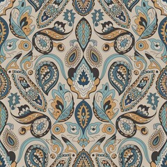 Seamless Paisley Pattern Wallpaper with Blue, Orange, and Beige Hues