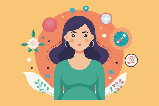 A colorful illustration depicting a woman facing infertility with supportive symbols surrounding her, Infertility illustration for women, customizable and flat.