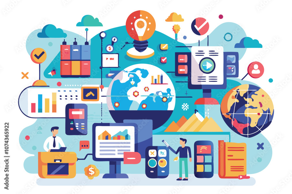 Poster a vibrant infographic displays tools and data visualizations representing global analysis and techno