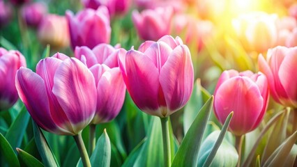 Fototapeta premium Beautiful pink tulips with vibrant green leaves, spring, flowers, nature, garden, blooming, petal, botanical, floral, bouquet