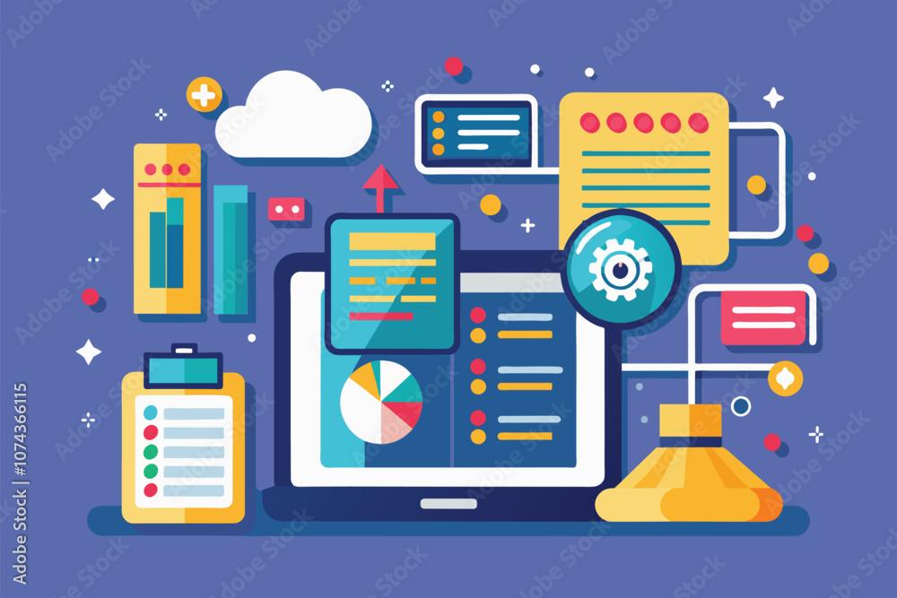 Poster colorful depiction of input data visualization tools arranged on a digital workspace layout, input: 