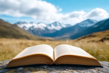 An open book sitting on top of a rock in a field